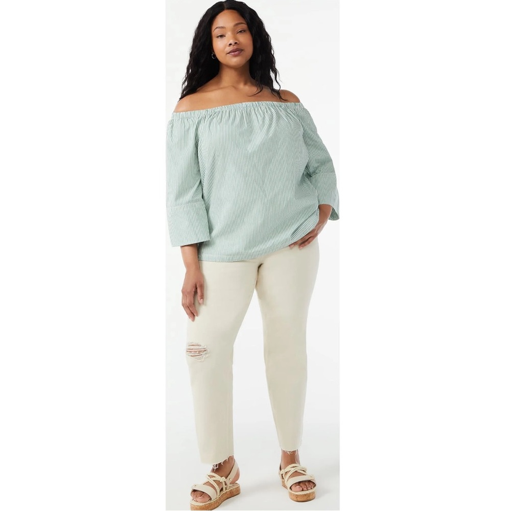 Free Assembly Elasticated Top Off Shoulder ¾-Sleeve Green & White Stripe Small - Picture 3 of 10